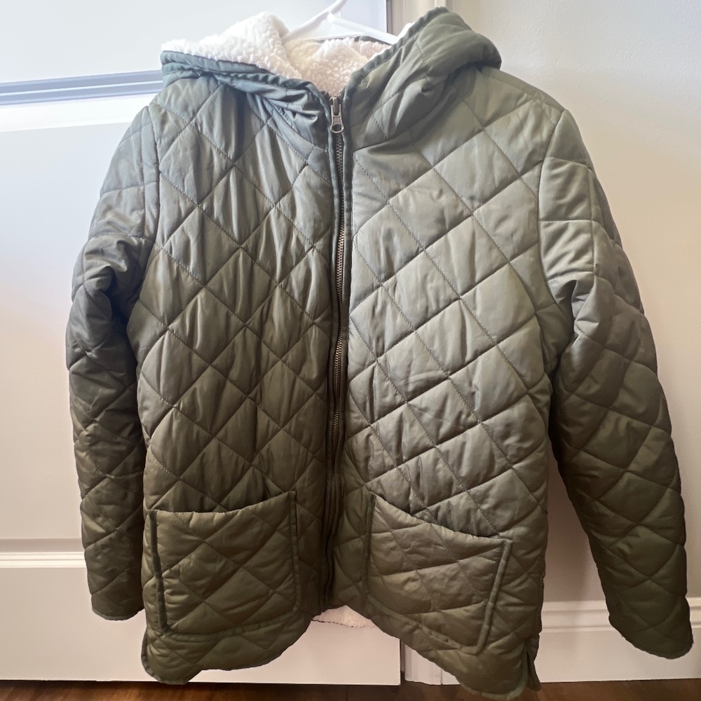 Quilted, Sherpa-Lined Coat  w/Hood